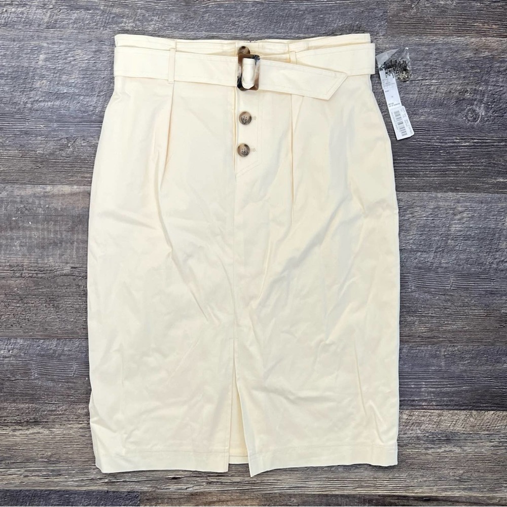 NWT Antonio Melani cream Jessie twill belted straight midi skirt size 10